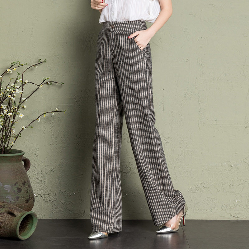 2022 Spring/Summer thin high-waisted wide-leg artistic cotton and linen pants, women's striped long pants, linen casual women's pants, large size, slimming Specification image